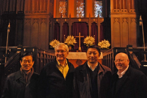 Representatives of the World Evangelical Alliance pose for a photo with the Rev. Leo Bean (second from right) during a visit to the Shanghai Community Church on Monday, November 16, 2009. Pictured are (from left to right): Dr. David Jang, WEA North American Council member; Dr. Leith Anderson, president of the National Association of Evangelicals; Bean; and Dr. Geoff Tunnicliffe, international director of the WEA. <br/>Christian Post 