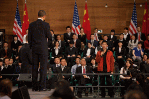 Addressing the future leaders of China at a townhall meeting in Shanghai, President Barak Obama said, ''These freedoms of expression and worship, of access to information and political participation, we believe are universal rights. <br/>(White House) 