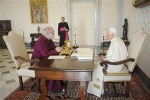 In this picture made available by the Vatican newspaper Osservatore Romano, Pope Benedict XVI, right, meets with the Archbishop of Canterbury Rowan Williams at the Vatican, Saturday, Nov. 21, 2009. The Archbishop of Canterbury held his first talks Saturday with Pope Benedict XVI since the Roman Catholic church's unprecedented invitation to disaffected Anglicans with the Vatican saying the two sides still want to press ahead for closer relations. <br/>(Photo: Osservatore Romano / Handout)