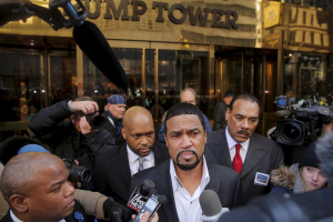 <br />
Pastor Darrell Scott (C) arrives for a meeting with Presidential candidate Donald Trump at his office in the Manhattan borough of New York, November 30, 2015. <br/>Reuters