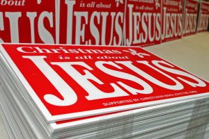 The Rev. Jimmy Terry has printed thousands more yard signs that read “Christmas is all about Jesus,” and he plans to distribute them across all of Tennessee’s 95 counties. Photo by Tony Centonze, for the Leaf-Chronicle, courtesy of USA Today <br/>
