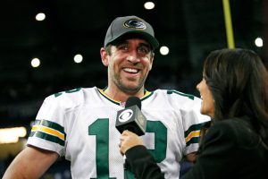 Rodgers (12) smiles during his post game interview after the game against the Detroit Lions at Ford Field. Packers win 27-23. Mandatory Credit: Raj Mehta-USA TODAY Sports <br/>