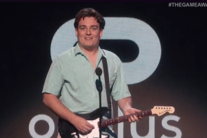 Palmer Luckey at the Game Awards with Rock Band VR. <br/>Forbes/Game Awards