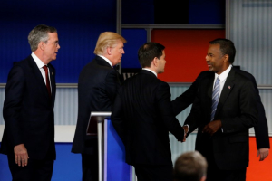 Republican U.S. presidential candidates (L-R) former Governor Jeb Bush, businessman Donald Trump, U.S. Senator Marco Rubio and Dr. Ben Carson congratulate each other at the conclusion of the debate held by Fox Business Network for the top 2016 U.S. Republican presidential candidates in Milwaukee, Wisconsin, November 10, 2015.  <br/>Reuters