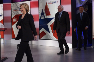 Democratic Candidates Hillary Clinton, Bernie Sanders, and Martin O'Malley <br/>Getty Images