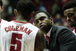 Nov 20, 2015; Tuscaloosa, AL, USA; Alabama Crimson Tide head coach Avery Johnson talks to Alabama Crimson Tide guard Justin Coleman (5) during a timeout during the game against Louisiana Lafayette Ragin Cajuns at Coleman Coliseum. The Tide defeated the Ragin Cajuns 105-93. Mandatory Credit: Marvin Gentry-USA TODAY Sports  <br/>