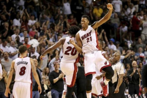 Nov 1, 2015; Miami, FL, USA; Miami Heat center Hassan Whiteside (right) celebrates with Miami Heat forward Justise Winslow (left) after Winslow made a three point basket during the second half at American Airlines Arena. The Heat won 109-89. Mandatory Credit: USA Today-Sports <br/>