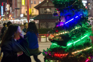 Christmas is 'barking up the exact right tree' for a British man spreading holiday cheer in Tokyo in a unique way. CNN reports Joseph Tame is dressing up as a Christmas tree, equipped with lights and decorations, to run the streets of Japan's capital. Photo courtesy Jospeh Tame <br/>