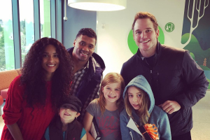 Actor Chris Pratt pictured with Seattle Seahawks QB Russell Wilson and singer Ciara at Seattle Children's Hospital <br/>Instagram