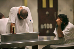 Detainees are seen inside the Camp 6 detention facility at Guantanamo Bay U.S. Naval Base in Cuba in this May 31, 2009 file photo. <br/>Reuters