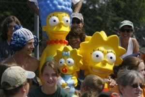 Springfield, Vt. residents shoot a scene with Marge Simpson and Lisa Simpson props in Springfield, Vt., Tuesday, June 19, 2007. <br/>(Photo: AP / Toby Talbot)