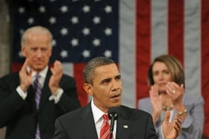 President Barack Obama delivers his State of the Union address on Capitol Hill in Washington, Wednesday, Jan. 27, 2010. Vice President Joe Biden and House Speaker Nancy Pelosi are seen in the background. <br/>AP/Tim Sloan, Pool