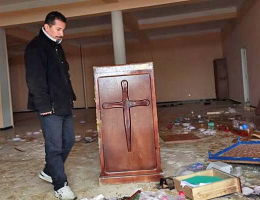 Pastor Mustapha Krireche surveys damage to Light Church in Tizi-Ouzou, Algeria. <br/>Morning Star News via Light Church