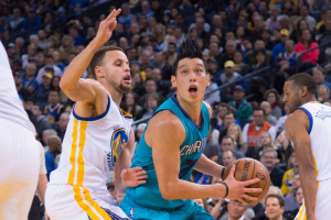 January 4, 2016; Oakland, CA, USA; Charlotte Hornets guard Jeremy Lin (7, right) dribbles the basketball against Golden State Warriors guard Stephen Curry (30, left) during the third quarter at Oracle Arena. The Warriors defeated the Hornets 111-101. Mandatory Credit: Kyle Terada-USA TODAY Sports <br/>