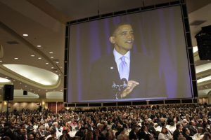 President Barack Obama is projected on a overhead screen at the National Prayer Breakfast in Washington, Thursday, Feb. 4, 2010. <br/>AP Images / Pablo Martinez Monsivais