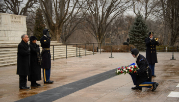 NASA Administrator Charles Bolden and his wife Alexis lay a wreath at the Tomb of the Unknown Soldier as part of NASA's Day of Remembrance, Friday, Jan. 31, 2014, at Arlington National Cemetery. The wreaths were laid in memory of those men and women who lost their lives in the quest for space exploration.<br />
 <br/>NASA/Bill Ingalls