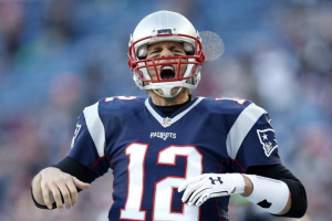 Jan 16, 2016; Foxborough, MA, USA; New England Patriots quarterback Tom Brady (12) reacts before the game against the Kansas City Chiefs in the AFC Divisional round playoff game at Gillette Stadium. Mandatory Credit: Greg M. Cooper-USA TODAY Sports <br/>Reuters