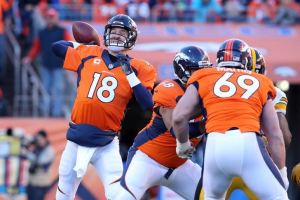 Jan 17, 2016; Denver, CO, USA; Denver Broncos quarterback Peyton Manning (18) throws against the Pittsburgh Steelers during the second quarter of the AFC Divisional round playoff game at Sports Authority Field at Mile High. Mandatory Credit: Matthew Emmons-USA TODAY Sports <br/>