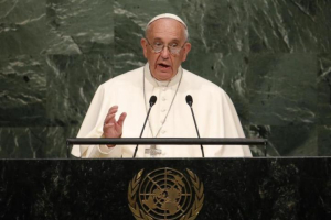 Pope Francis addresses a plenary meeting of the United Nations Sustainable Development Summit 2015 at United Nations headquarters in Manhattan, New York. <br/>Reuters