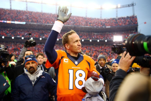 Jan 24, 2016; Denver, CO, USA; Denver Broncos quarterback Peyton Manning (18) waves to the crowd after the AFC Championship football game against the New England Patriots at Sports Authority Field at Mile High. Mark J. Rebilas-USA TODAY Sports <br/>