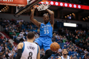 Jan 27, 2016; Minneapolis, MN, USA; Oklahoma City Thunder forward Kevin Durant (35) dunks in the second quarter against the Minnesota Timberwolves at Target Center.  <br/>Brad Rempel-USA TODAY Sports