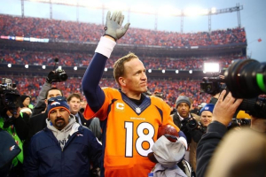 Jan 24, 2016; Denver, CO, USA; Denver Broncos quarterback Peyton Manning (18) waves to the crowd after the AFC Championship football game against the New England Patriots at Sports Authority Field at Mile High.  <br/>Mark J. Rebilas-USA TODAY Sports
