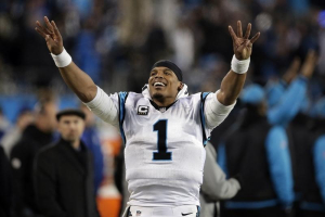 Jan 24, 2016; Charlotte, NC, USA; Carolina Panthers quarterback Cam Newton (1) celebrates on the side lines during the fourth quarter against the Arizona Cardinals in the NFC Championship football game at Bank of America Stadium.  <br/>Jeremy Brevard-USA TODAY Sports