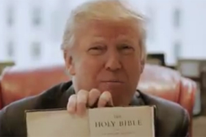 Donald Trump thanks the evangelical Christians for their support and shows the worn Bible that his mother gave to him in a video posted on his Facebook page on Saturday, January 30, 2016.  <br/>