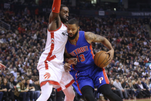 Jan 30, 2016; Toronto, Ontario, CAN; Detroit Pistons forward Marcus Morris (13) tries to get past Toronto Raptors forward Patrick Patterson (54) at Air Canada Centre. The Raptors beat the Pistons 111-107.  <br/>Tom Szczerbowski-USA TODAY Sports