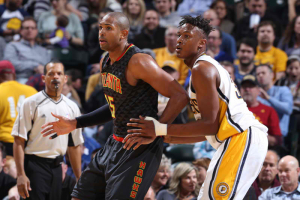 Jan 28, 2016; Indianapolis, IN, USA; Atlanta Hawks center Al Horford (15) is guarded by Indiana Pacers center Myles Turner (33) at Bankers Life Fieldhouse. The Pacers won 111-92. (Brian Spurlock-USA TODAY Sports) <br/>Brian Spurlock-USA TODAY Sports