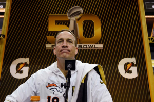 Feb 1, 2016; San Jose, CA, USA; Denver Broncos quarterback Peyton Manning (18) during Super Bowl 50 Opening Night media day at SAP Center. Mandatory Credit: Kyle Terada-USA TODAY Sports <br/>