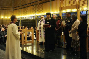 Metropolitan Bishoy of Damietta, from the Coptic Orthodox Church, and other members of the WCC executive committee express words of blessing during the installation of the WCC general secretary the Rev. Olav Fykse Tveit, in Geneva, Feb. 23, 2010. <br/>WCC