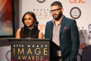 Danielle Nicolet, left, and Guillermo Diaz speak at the 47th NAACP Image Awards Nomination Announcement and press conference <br/>