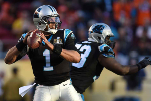Feb 7, 2016; Santa Clara, CA, USA; Carolina Panthers quarterback Cam Newton (1) looks to pass as tackle Michael Oher (73) runs during the second quarter against the Denver Broncos in Super Bowl 50 at Levi's Stadium. (Image Credit: Kyle Terada-USA TODAY Sports) <br/>Image Credit: Kyle Terada-USA TODAY Sports
