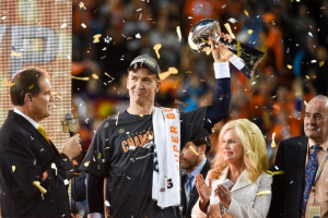 Feb 7, 2016; Santa Clara, CA, USA; Denver Broncos quarterback Peyton Manning holds up the Vince Lombardi Trophy after the game against the Carolina Panthers in Super Bowl 50 at Levi's Stadium. The Broncos won 24-10. Mandatory Credit: Kyle Terada-USA TODAY Sports <br/>