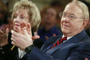 In this file photo, Christian evangelical leader and founder of Focus on the Family, James Dobson, right, sits with his wife Shirley at the National Religious Broadcasters 2008 Convention at the Gaylord Opryland Resort and Convention Center in Nashville, Tenn., Tuesday, March 11, 2008. <br/>AP Images / Charles Dharapak