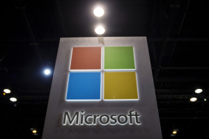 The Microsoft logo is seen as part of a display at the Microsoft Ignite technology conference in Chicago, Illinois, May 4, 2015. REUTERS/Jim Young <br/>