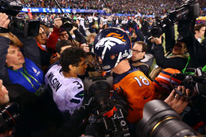 Seattle Seahawks quarterback Russell Wilson (3) shakes hands with Denver Broncos quarterback Peyton Manning (18) after Super Bowl XLVIII at MetLife Stadium in 2014. Photo: Mark J. Rebilas/USA Today Sports <br/>