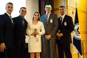 West Point cadets, (l. to r.), Austin Montgomery, Brittany Scofield, C.J. Drew, Jordan Isham and David Weinmann present their project at the P2P: Challenging Extremism initiative. <br/>U.S. Department of State