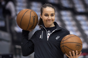 Feb 5, 2016; Dallas, TX, USA; San Antonio Spurs assistant coach Becky Hammon participates in team warmups before the game between the Dallas Mavericks and the Spurs at the American Airlines Center.  <br/>Jerome Miron-USA TODAY Sports
