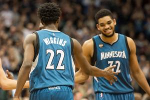 Feb 6, 2016; Minneapolis, MN, USA; Minnesota Timberwolves guard Andrew Wiggins (22) and center Karl-Anthony Towns (32) celebrate during the fourth quarter at Target Center. The Timberwolves won 112-105. <br/>Jeffrey Becker-USA TODAY Sports