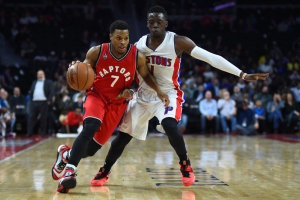 Feb 8, 2016; Auburn Hills, MI, USA; Toronto Raptors guard Kyle Lowry (7) drives to the basket against Detroit Pistons guard Reggie Jackson (1) during the second quarter at The Palace of Auburn Hills.  <br/>Tim Fuller-USA TODAY Sports