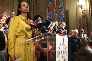 Larycia Hawkins speaks at a press conference following the announcement that she would be parting ways with Wheaton College. <br/>AP photo