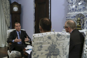 Russian Prime Minister Dmitry Medvedev (L) speaks during an interview at the Gorki state residence outside Moscow, Russia, February 11, 2016. REUTERS/Ekaterina Shtukina/Sputnik/Pool <br/>