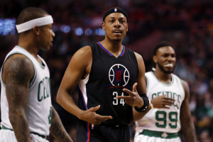 Feb 10, 2016; Boston, MA, USA; Los Angeles Clippers forward Paul Pierce (34) returns up court against the Boston Celtics in the first quarter at TD Garden.  <br/>David Butler II-USA TODAY Sports
