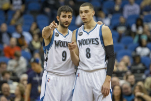 Feb 10, 2016; Minneapolis, MN, USA; Minnesota Timberwolves guard Ricky Rubio (9) and guard Zach LaVine (8) talk during the a free throw during the second half against the Toronto Raptors at Target Center. The Timberwolves won 117-112.  <br/>Jesse Johnson-USA TODAY Sports