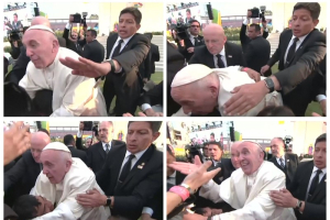 Pope Francis is pulled towards the crowd, over a child in a wheelchair, during a visit to a stadium in Morelia, Mexico on February 16, 2016 in a combination of still image from pool video. REUTERS/Mexican Government Televison/POOL via Reuters TV <br/>