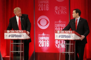 Republican U.S. presidential candidates Senator Ted Cruz (L) and businessman Donald Trump directly debate each other at the Republican U.S. presidential candidates debate sponsored by CBS News and the Republican National Committee in Greenville, South Carolina February 13, 2016. REUTERS/Jonathan Ernst <br/>