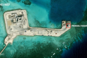 A satellite image released by the Asian Maritime Transparency Initiative at Washington's Center for Strategic and International Studies shows construction of possible radar tower facilities in the Spratly Islands in the disputed South China Sea in this image released on February 23, 2016. REUTERS/CSIS Asia Maritime Transparency Initiative/DigitalGlobe/Handout via Reuters  <br/>