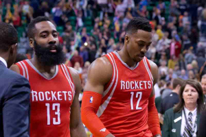 Feb 23, 2016; Salt Lake City, UT, USA; Houston Rockets guard James Harden (13) and center Dwight Howard (12) leave the court after the game against the Utah Jazz at Vivint Smart Home Arena. Utah won in overtime 117-114.  <br/>Russ Isabella-USA TODAY Sports
